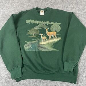 VTG Fruit of the Loom Sweatshirt Adult Large Green Crewneck Deer Nature Retro